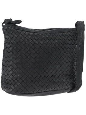 Authentic BOTTEGA VENETA INTRECCIATO Shoulder Bag Leather Black
